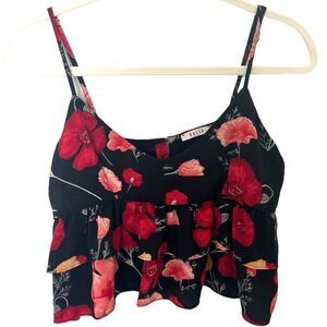 Voila Black and Red Floral Print Button Back Ruffle Cropped Tank Top